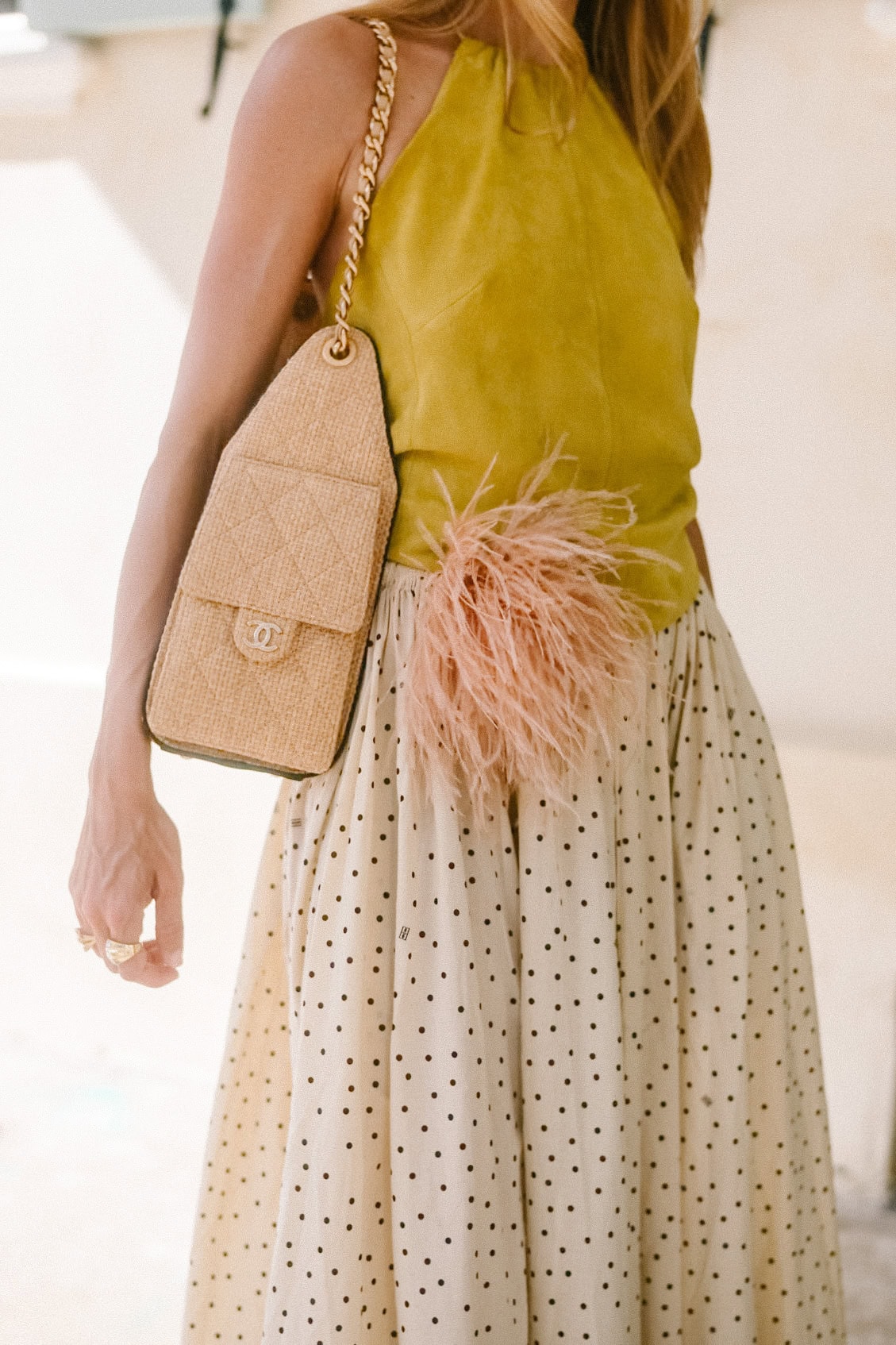 chartreuse halter top cream polka dot maxi skirt red mesh flats