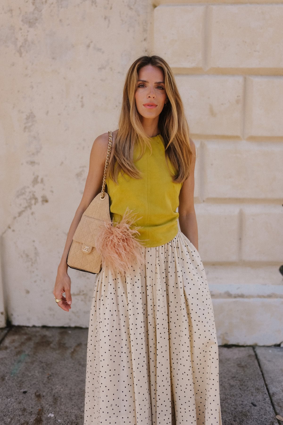 chartreuse halter top cream polka dot maxi skirt red mesh flats