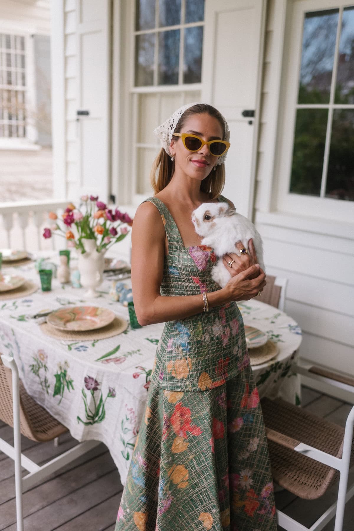 green floral spring dress crochet head scarf spring tablescape