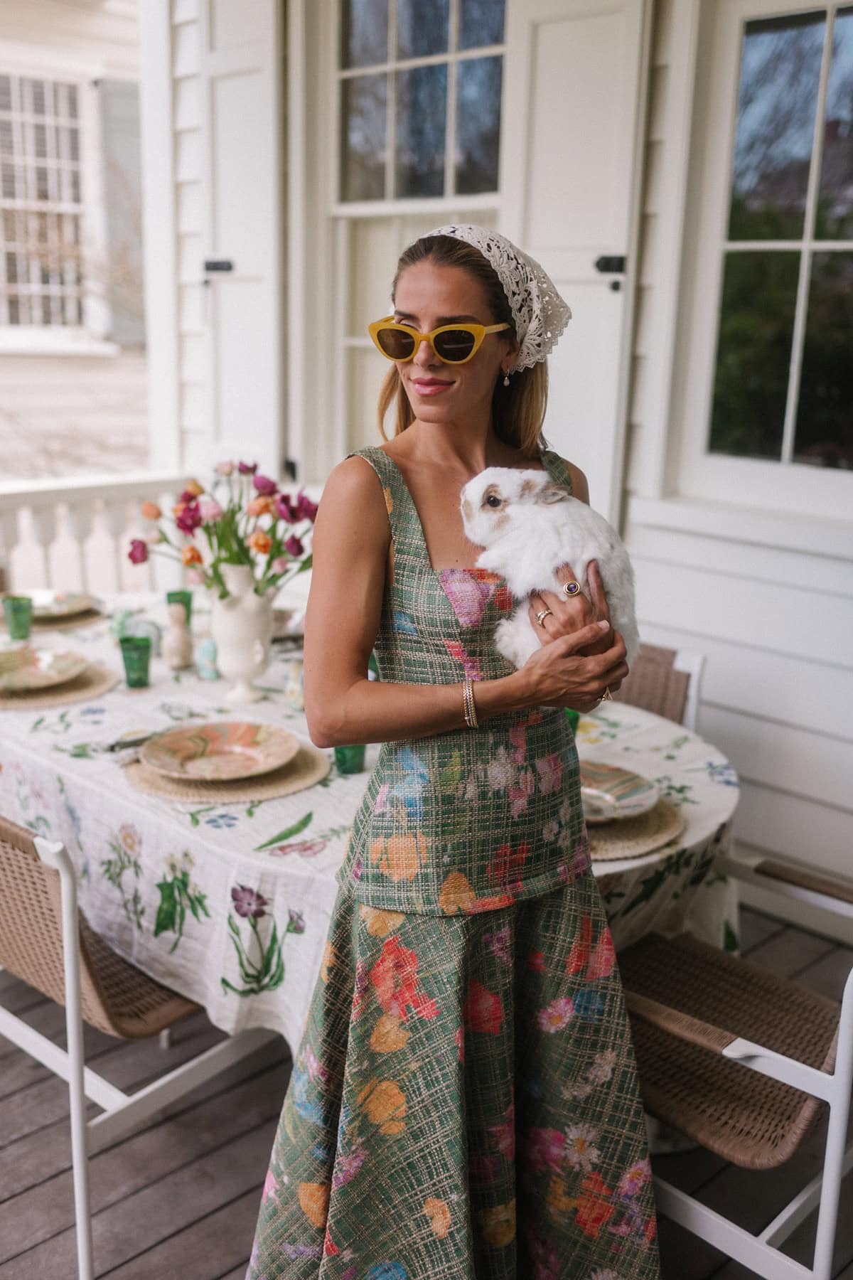 green floral spring dress crochet head scarf spring tablescape