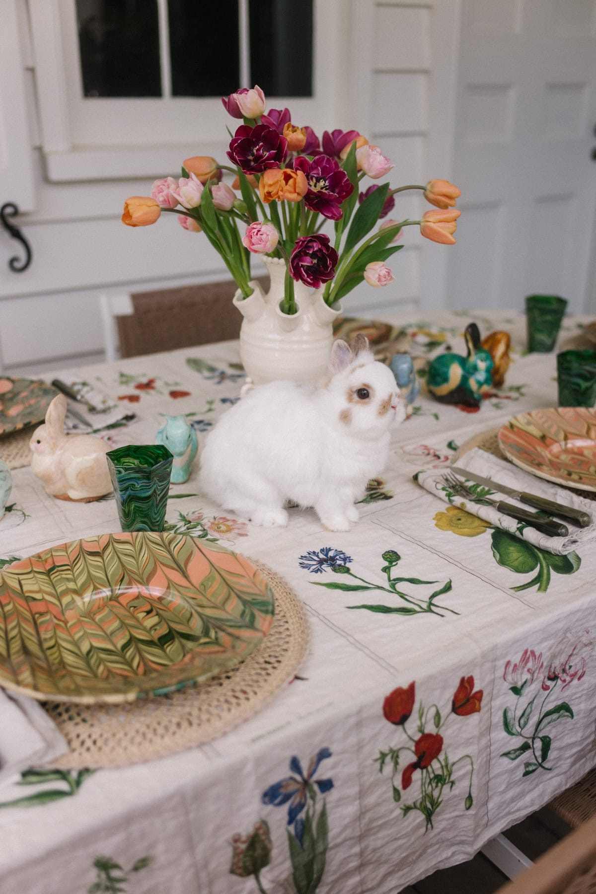 green floral spring dress crochet head scarf spring tablescape