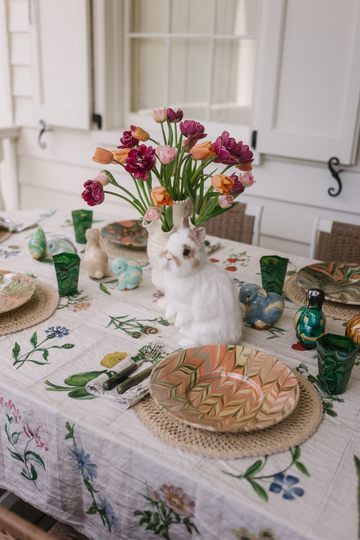 green floral spring dress crochet head scarf spring tablescape
