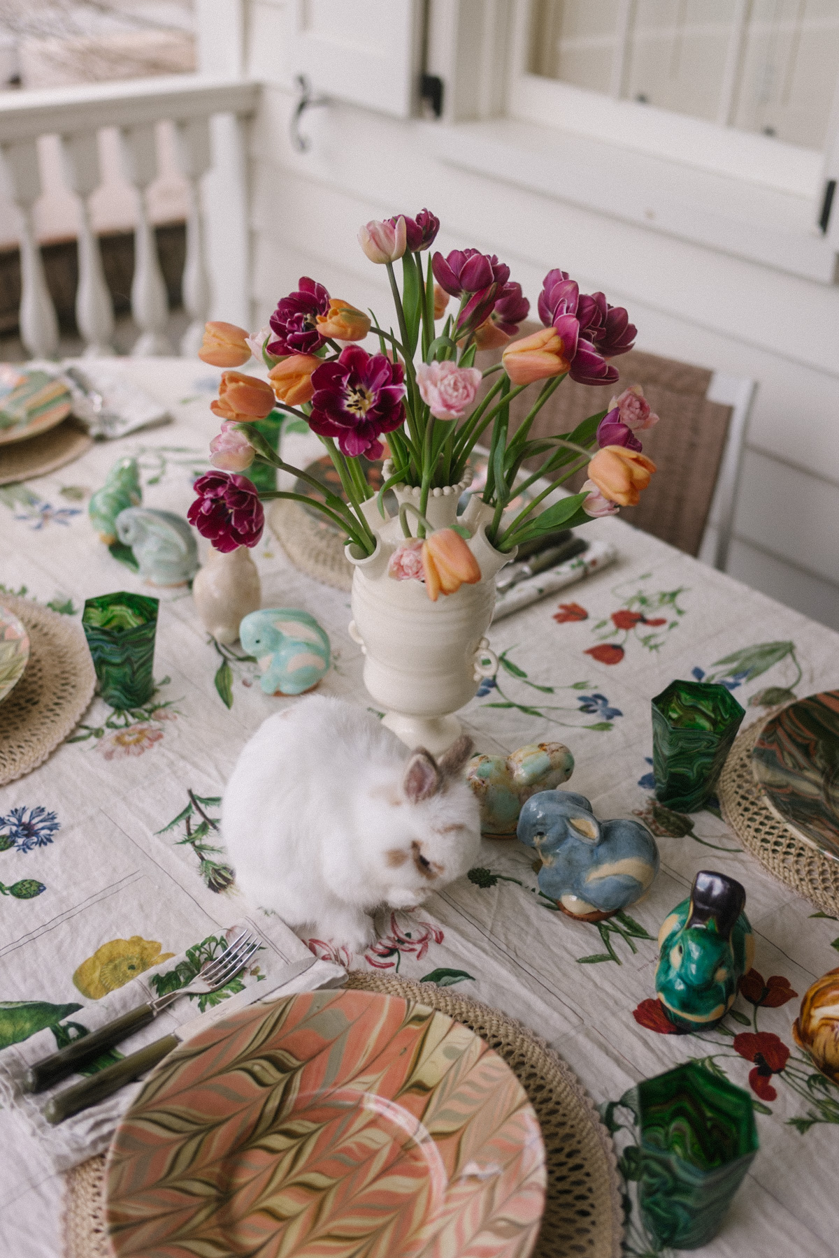 green floral spring dress crochet head scarf spring tablescape