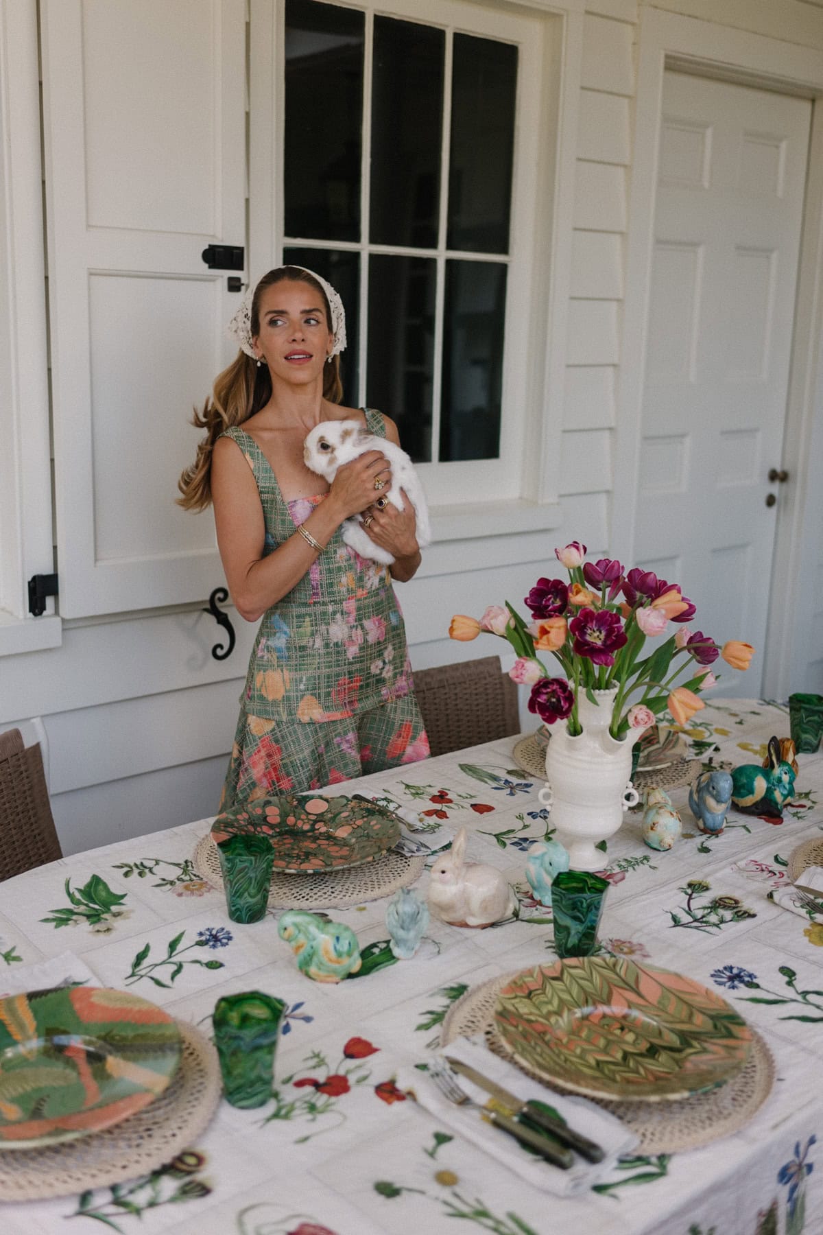 green floral spring dress crochet head scarf spring tablescape