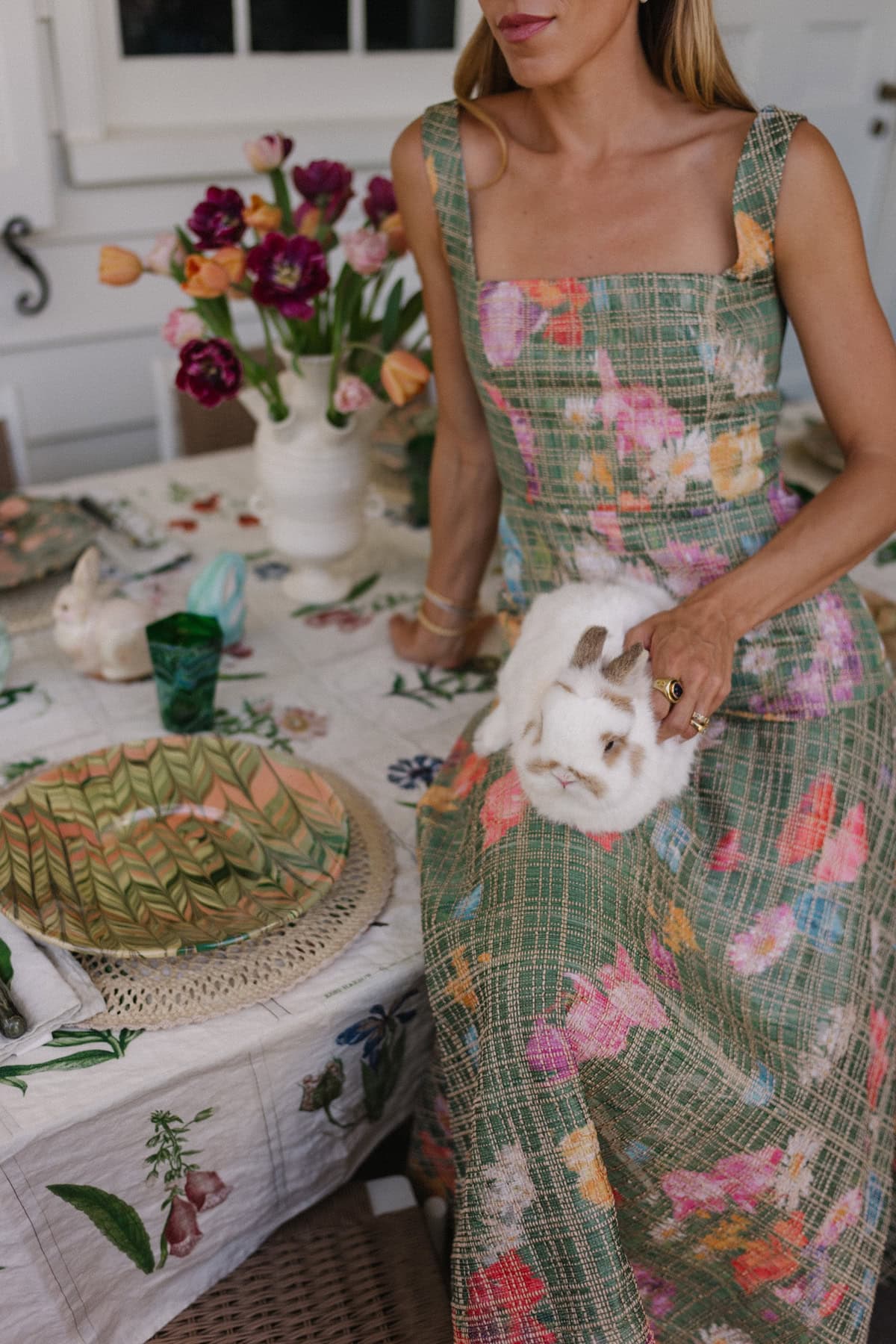 green floral spring dress crochet head scarf spring tablescape